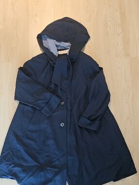 VINTAGE Navy Hooded Button-Front Coat with Scarf Tie
